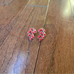 Red-Orange Silver Tone Leaf Drop Earrings